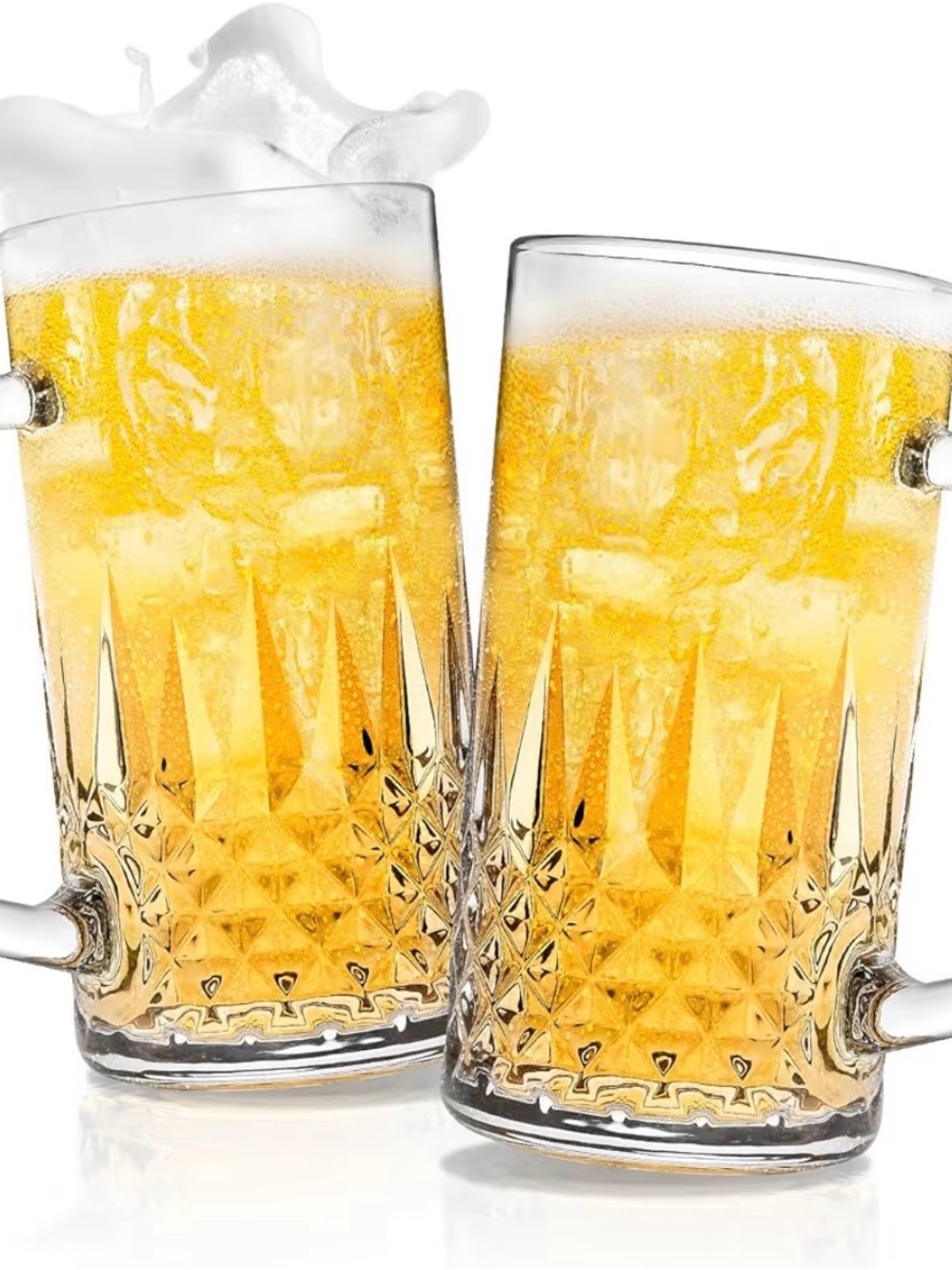 Crystal Cut Beer Mugs Set - Clear Glass, Classic Pub Style